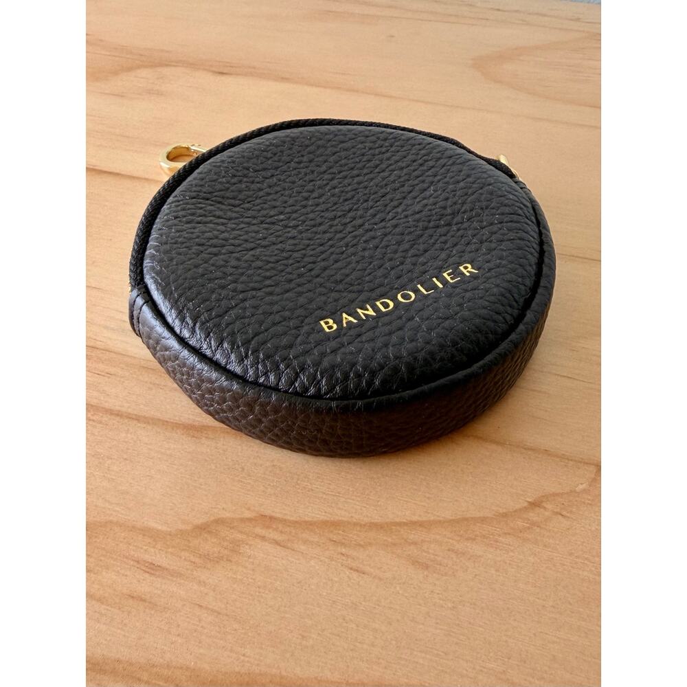 NEW Bandolier Mini Round Pouch Black Leather Gold Tone Hardware Bag Charm Flair - Picture 5 of 8